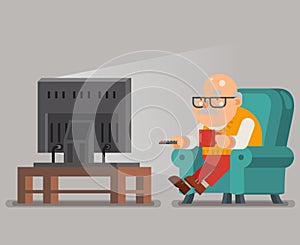 Grandfather Old Man Watching TV Sit Armchair Cartoon Character Flat Design Vector Illustration