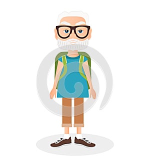 Grandfather with a packsack travel. Travelling with the green knapsack. Vector illustration eps 10 on white