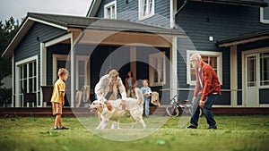 Grandfather Playing Ball with His Son and Grandchildren. Family Members Spending Leisure Time