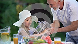 Grandfather presenting cat cheerful girl in hat, surprise present, anticipation