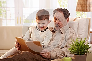 Grandfather reading book to grandson