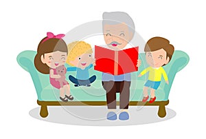 Grandfather reading fairy tales to his grandchildren, reading and telling book fairy tale story