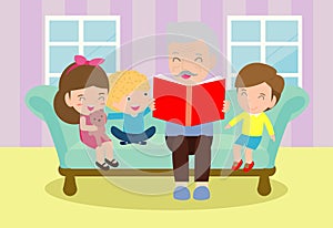 Grandfather reading fairy tales to his grandchildren, reading and telling book fairy tale story