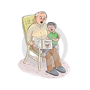 Grandfather reads a book to his grandson.
