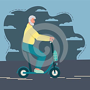 Grandfather rides a scooter. Modern electric transport, mobility of pensioners, ecological lifestyle. Elderly man rides an