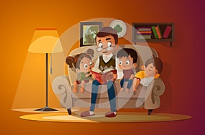 Grandfather sitting with grandchildren on a cozy sofa with the book, reading and telling book fairy tale story. Boys and