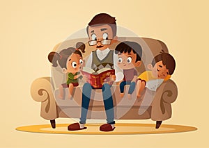 Grandfather sitting with grandchildren on a cozy sofa with the book, reading and telling book fairy tale story. Boys and girl list