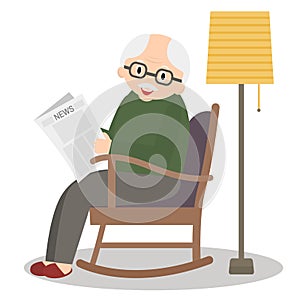 Grandfather sitting in rocking chair. Old man leisure time. Grandpa reading newspaper. Cute senior man at home. Vector