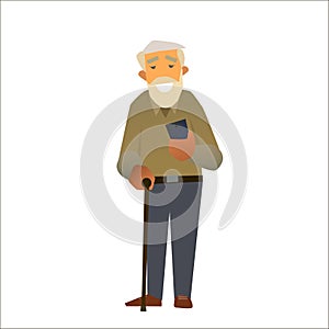 Grandfather is smiling holding smartphone.