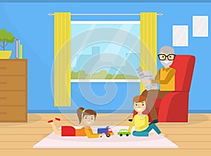 Grandfather Spending Time with Grandchildren at Home, Cute Boy and Girl Playing Toys, Grandparent Sitting on Armchair