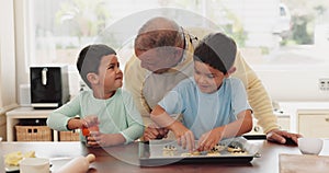 Grandfather, talking or children baking in kitchen as a happy family with siblings learning cooking recipe. Cookies