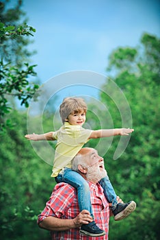 Grandfather talking to grandson. Little boy and grandfather raising hands over sunset sky enjoying life and nature