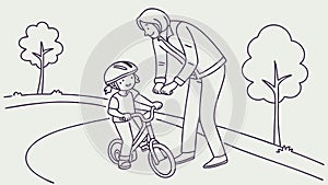 Grandfather teaching child to ride bike, depicting family and life lessons, vector design Generative AI photo