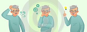 Grandfather thinking. Elderly man solved question, thoughtful senior male and confused old people vector cartoon concept