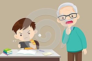 Grandfather in trouble with a child playing games