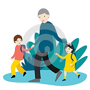 Grandfather with two children going to school, nursery. Back to school time. Vector Illustration