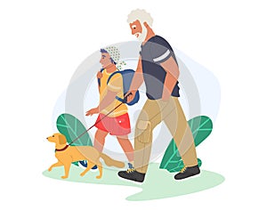 Grandfather walking with grandson and dog in the park, flat vector illustration. Grandparent grandchild relationships.