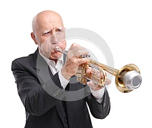 Grandfather wearing a suit on a trumpet on a white background