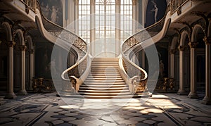 Grandiose double staircase in a luxurious palace with sunlight streaming through large windows
