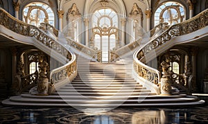 Grandiose double staircase in a luxurious palace with sunlight streaming through large windows