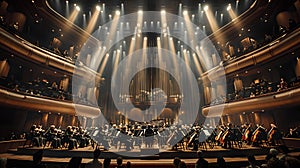 Grandiose symphony orchestra performing in an elegant theatre. classical music concert with audience seating in a