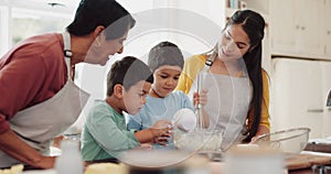 Grandma, bake or kids learning with mother in kitchen learning cooking recipe in family home. Siblings, growth