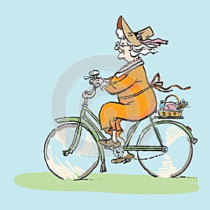 Grandma on bicycle goes to picnic. Active Longevity. Healthy old age. Happy senility