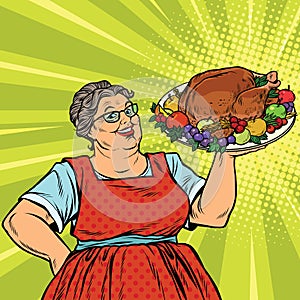 Grandma with a Christmas or Thanksgiving roast Turkey