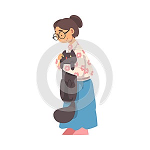 Grandma in Glasses Holding and Stroking Cat Pet Vector Illustration