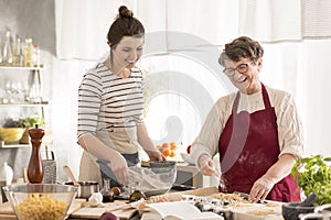 Grandma and granddaughter preparing dinner