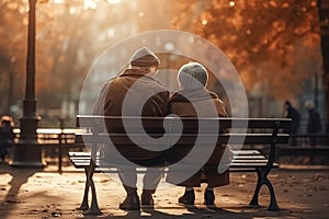 Grandma and grandpa, elderly people, aged old married couple sitting on a bench in the park and talking, enjoying nature