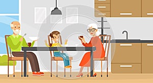 Grandma, Grandpa and Grandson Eating, Drinking Tea and Talking to Each Other, Family Sitting at Dining Table Cartoon