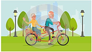 Grandma and grandpa are riding a bike