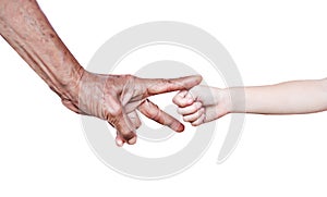 Grandma hand and  little asian girl grandchild playing rock paper ,scissors isolated on white background with clipping path