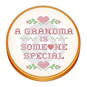 Grandma with Heart Cross Stitch Embroidery on Retro Wood Needlework Hoop