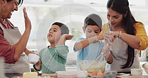 Grandma, high five or happy kids baking with mother in kitchen learning cooking in family home. Teamwork success