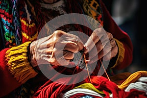 Grandma knits with knitting needles and woolen threads