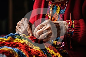 Grandma knits with knitting needles and woolen threads