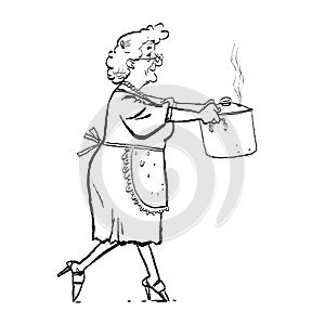 Grandma mades soup. Old lady prepairing supper