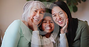 Grandma, mom and daughter for laughing, hug and bonding together for love at home in lounge. Asian family, diversity or