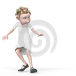 Grandma nurse cartoon looking down and scared in white background