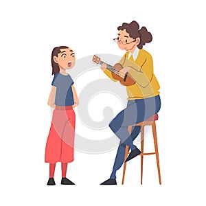 Grandma Playing Ukulele and Her Granddaughter Singing, Grandparent Spending Good Time with Grandchild Cartoon Style