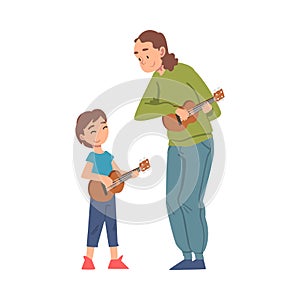 Grandma Playing Ukulele with Her Grandson, Grandparent Spending Good Time with Grandchild Cartoon Style Vector