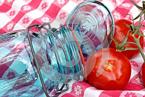 Grandma's Vintage Canning Jar and Tomatoes on the Vine