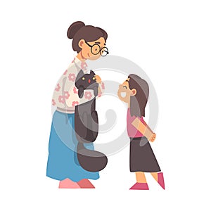 Grandma Stroking Cat Talking to Her Granddaughter Vector Illustration