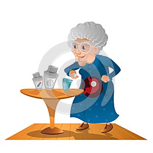 Grandma takes a pills. Old woman eating pill for health, stand beside table with bottles of pills and held pill in hand
