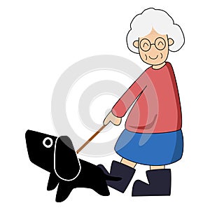 grandma walking with guide dog. Happy owner with pet. Cartoon style.