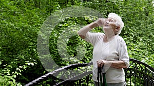 Grandma walks in the park with sticks for Nordic walking in retirement