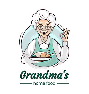 Grandmas cooking cafe logo, cute character cartoon design. Cheerful grandmother with a plate of appetising homemade food