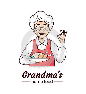 Grandmas cooking cafe logo, cute character cartoon design. Cheerful grandmother with a plate of appetising homemade food